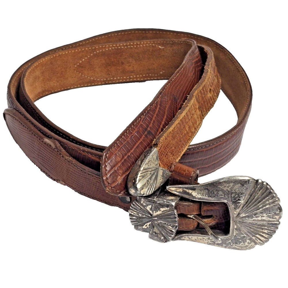 Vintage 34" Hand Tooled Leather Belt  Silver Buckle Cowgirl USA (c)1993